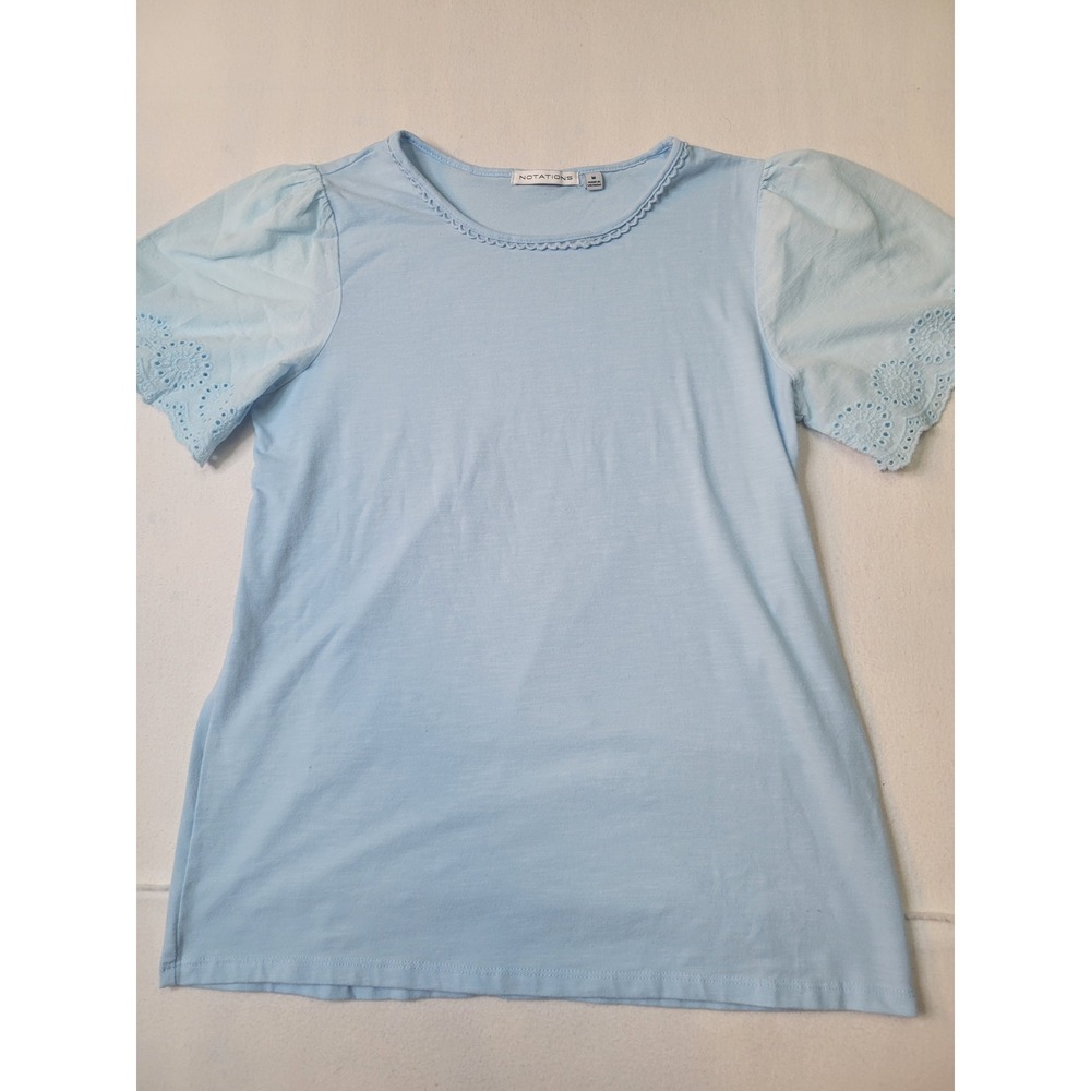 Notations Womens Light Blue Eyelet Puff Sleeve Scallop Neck Top Size M 2603